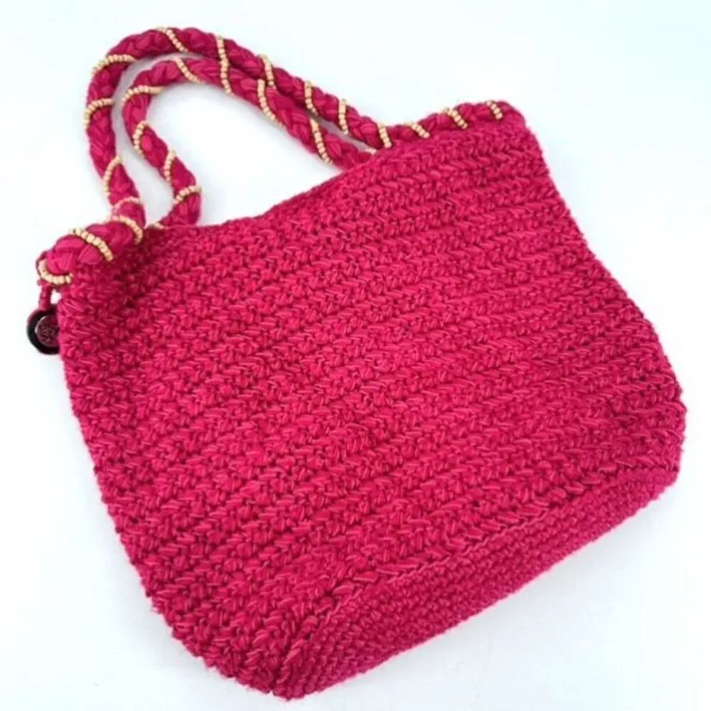 The Sak Women's Beaded Wrapped Handle knit Crochet Hobo Shoulder‎ Bag Pink Small